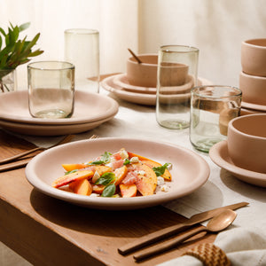Corsica Clay - 12-Piece Dinnerware Set - Reactive Glaze Stoneware, Prosecco Blush Pink
