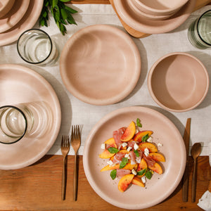 Corsica Clay - 12-Piece Dinnerware Set - Reactive Glaze Stoneware, Prosecco Blush Pink