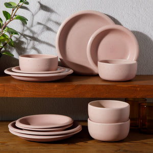 Corsica Clay - 12-Piece Dinnerware Set - Reactive Glaze Stoneware, Prosecco Blush Pink