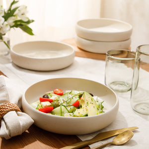 Corsica Clay - 4-Piece Pasta Bowl Set - Reactive Glaze Stoneware, Sea Salt White