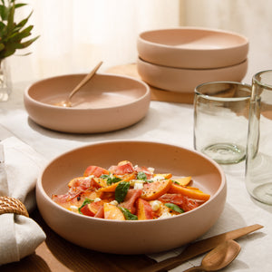 Corsica Clay - 4-Piece Pasta Bowl Set - Reactive Glaze Stoneware, Prosecco Blush Pink