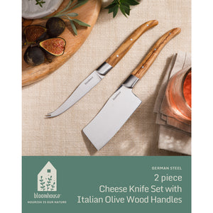 Bloomhouse 2-Piece German Steel Cheese Knife Set with Olive Wood Handles – Artisan Soft & Hard Cheese Knives for Charcuterie, Grazing Boards & Entertaining