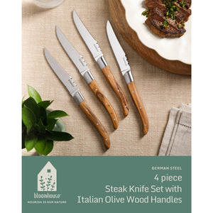 4-Piece Steak Knife Set - German Steel with Olive Wood Handles