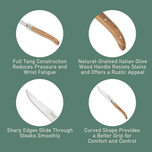 4-Piece Steak Knife Set - German Steel with Olive Wood Handles