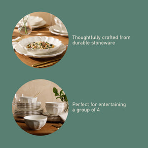 16-Piece Dinnerware Set for 4 - Scallop-Embossed Stoneware - Yuelu Bloom - Jasmine White