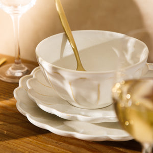 16-Piece Dinnerware Set for 4 - Scallop-Embossed Stoneware - Yuelu Bloom - Jasmine White