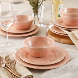 12-Piece Dinnerware Set for 4 - Hand-Painted Portuguese Stoneware - Porto Petals - Blush Pink