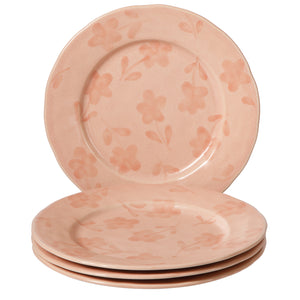 4-Piece 10.8 Inch Dinner Plate Set - Hand-Painted Portuguese Stoneware - Porto Petals - Blush Pink