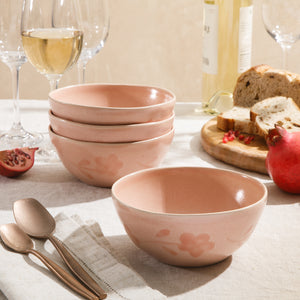 4-Piece 6.4 Inch Cereal Bowl Set - Hand-Painted Portuguese Stoneware - Porto Petals - Blush Pink