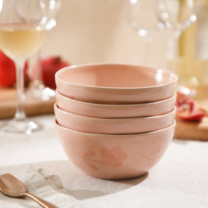 4-Piece 6.4 Inch Cereal Bowl Set - Hand-Painted Portuguese Stoneware - Porto Petals - Blush Pink