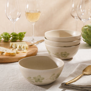 Porto Petals - 4-Piece 6.4 Inch Cereal Bowl Set - Hand-Painted Portuguese Stoneware, Green Orchid