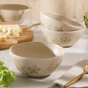 Porto Petals - 4-Piece 6.4 Inch Cereal Bowl Set - Hand-Painted Portuguese Stoneware, Green Orchid