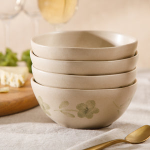 Porto Petals - 4-Piece 6.4 Inch Cereal Bowl Set - Hand-Painted Portuguese Stoneware, Green Orchid