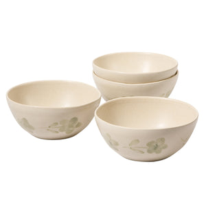 Porto Petals - 4-Piece 6.4 Inch Cereal Bowl Set - Hand-Painted Portuguese Stoneware, Green Orchid