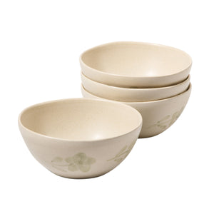 Porto Petals - 4-Piece 6.4 Inch Cereal Bowl Set - Hand-Painted Portuguese Stoneware, Green Orchid