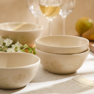 Porto Petals - 4-Piece 6.4 Inch Cereal Bowl Set - Hand-Painted Portuguese Stoneware, Lily Cream