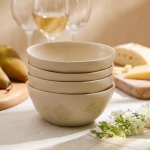 Porto Petals - 4-Piece 6.4 Inch Cereal Bowl Set - Hand-Painted Portuguese Stoneware, Lily Cream