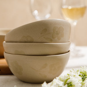Porto Petals - 4-Piece 6.4 Inch Cereal Bowl Set - Hand-Painted Portuguese Stoneware, Lily Cream
