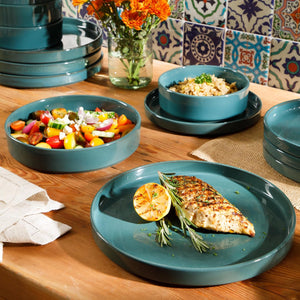 Santorini Mist - 16-Piece Dinnerware Set for 4 - Reactive Glaze Terracotta, Jade Blue