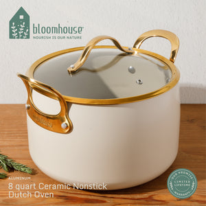 6 Quart Dutch Oven with Lid - PFAS-Free Ceramic Nonstick Aluminum - Almond Cream with Gold Handles