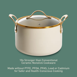 Bloomhouse 8 Quart Stock Pot with Lid – PFAS-Free Ceramic Nonstick Dutch Oven, Heavy Duty Aluminum, Oven Safe, Dishwasher Safe, Linen White with Gold Handles