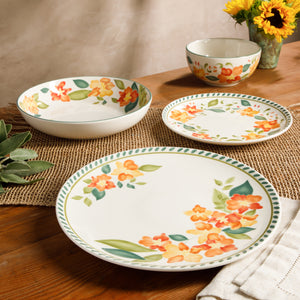 Bloomhouse Cassia Bud 16 Piece Double Bowl Hand Painted Stoneware Plates and Bowls Floral Dinnerware Set