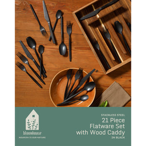 Bloomhouse 20 Piece Stone Washed Flatware 18/10 Stainless Steel Silverware Cutlery Utensil Set With Acacia Wood Caddy