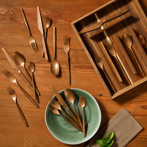 Bloomhouse 20 Piece Stone Washed Flatware 18/10 Stainless Steel Silverware Cutlery Utensil Set With Acacia Wood Caddy