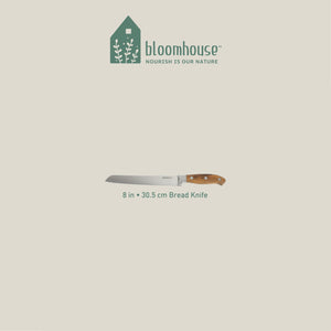 Bloomhouse 8 Inch Bread Knife made with Olive Wood and German Steel