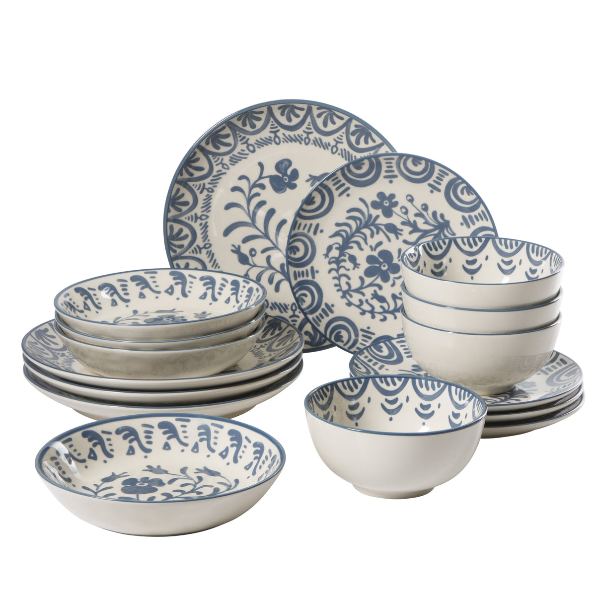 16-Piece Dinnerware Set for 4 - Stoneware - Valencia Flor - Iris Blue