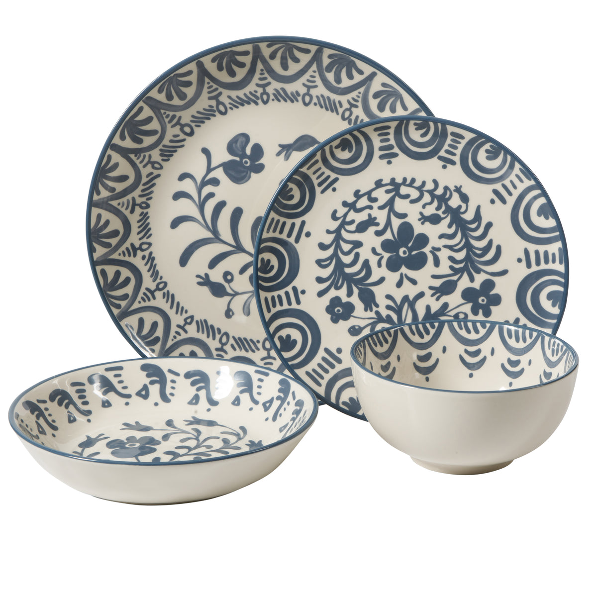 16-Piece Dinnerware Set for 4 - Stoneware - Valencia Flor - Iris Blue