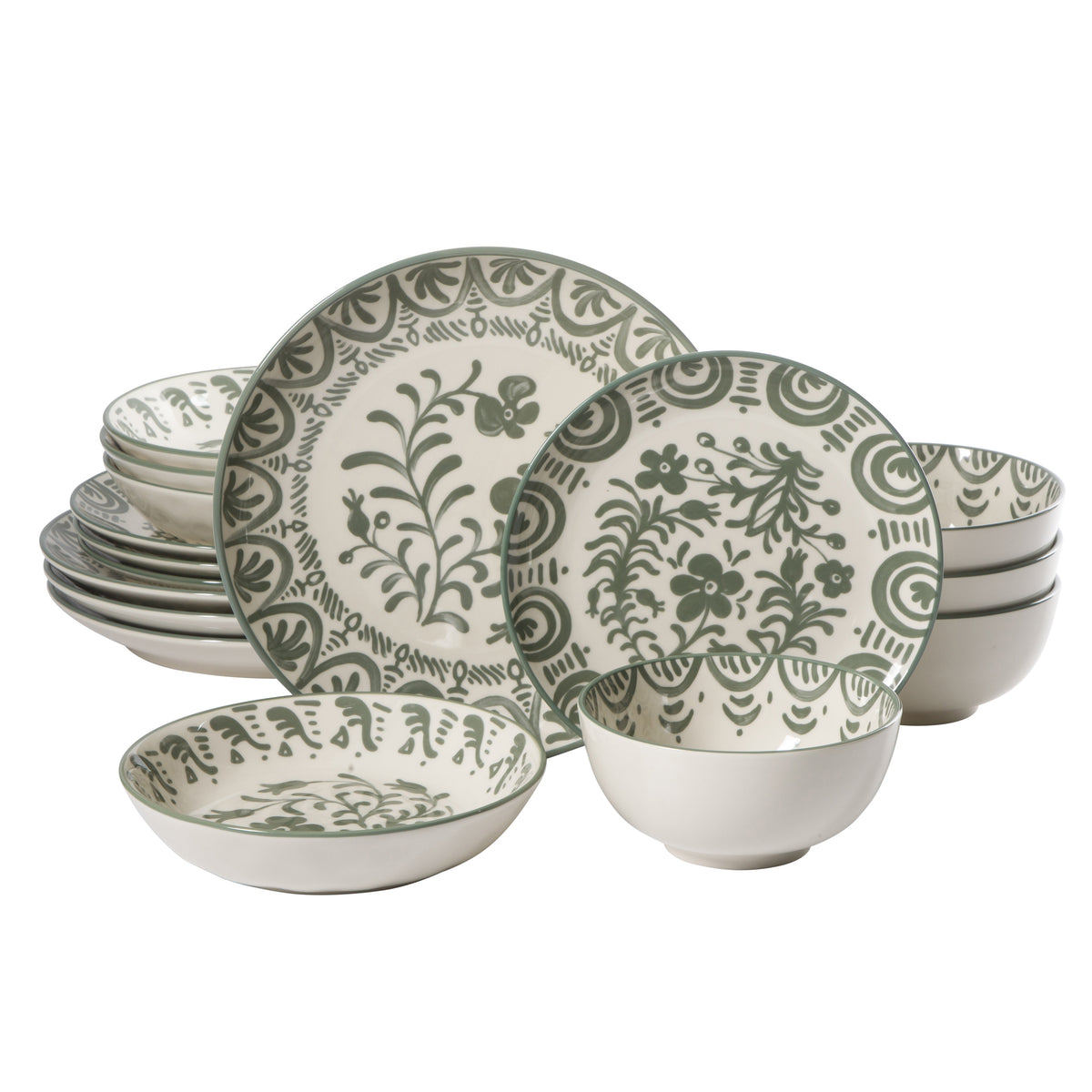 Valencia Flor - 16-Piece Dinnerware Set for 4, Fern Green