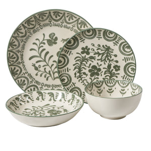 Bloomhouse - 2-Time Oprah’s Favorite Things - Valencia Flor 16 Piece Dinnerware Set, Artisanal Decorated Stoneware Plates & Bowls, Service for 4, Microwave & Dishwasher Safe, Fern Green