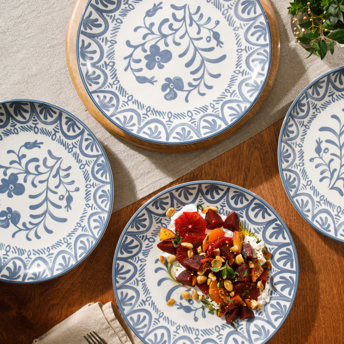 4-Piece 10.75 Inch Dinner Plate Set - Stoneware - Valencia Flor - Iris Blue