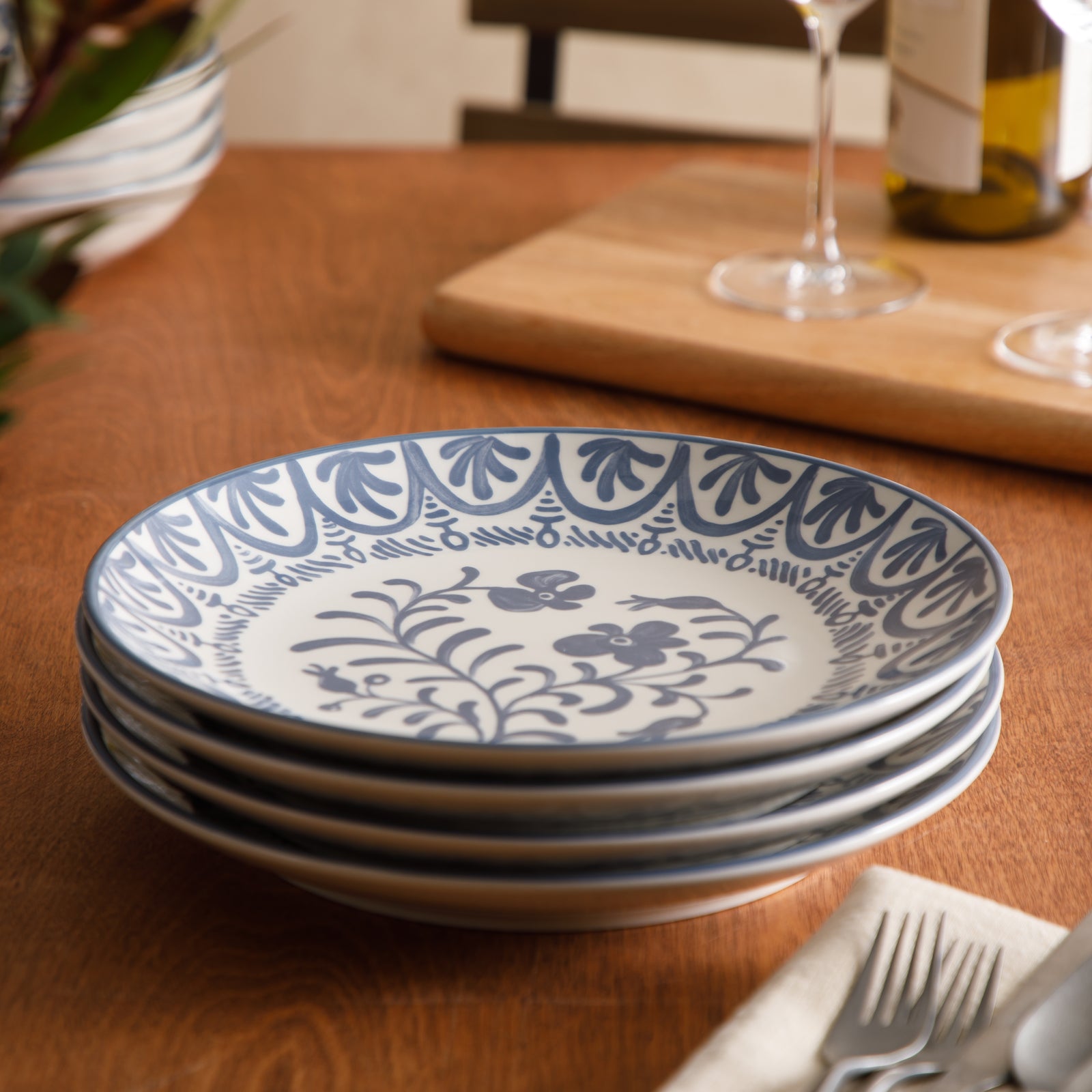 Bloomhouse - 2-Time Oprah’s Favorite Things - Valencia Flor 4 Piece 10.75” Dinner Plate Set, Stoneware Plates, Mediterranean Floral Decal Design, Microwave & Dishwasher Safe, Iris Blue