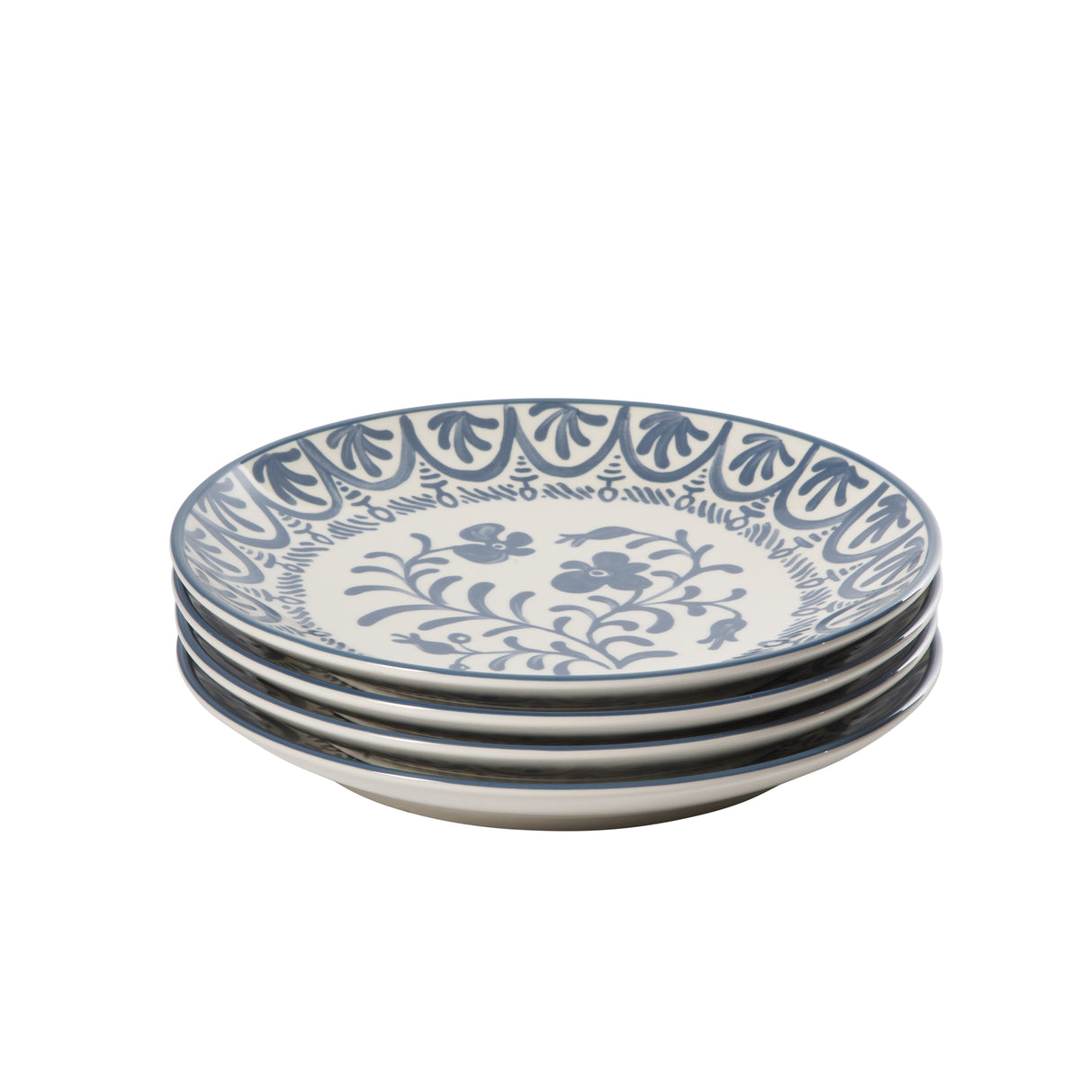 4-Piece 10.75 Inch Dinner Plate Set - Stoneware - Valencia Flor - Iris Blue