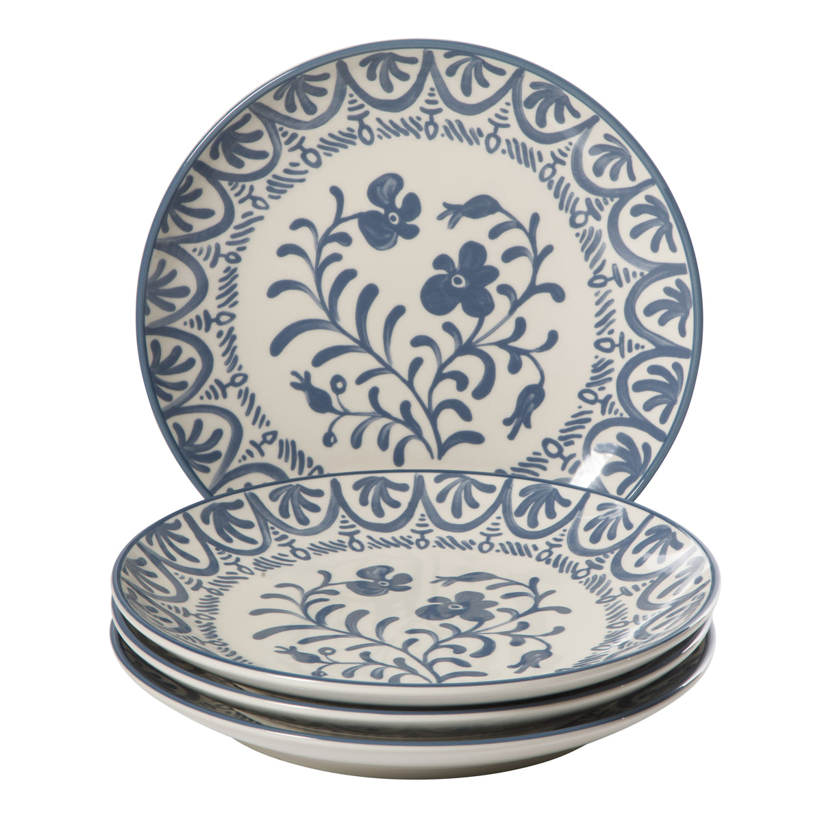 4-Piece 10.75 Inch Dinner Plate Set - Stoneware - Valencia Flor - Iris Blue