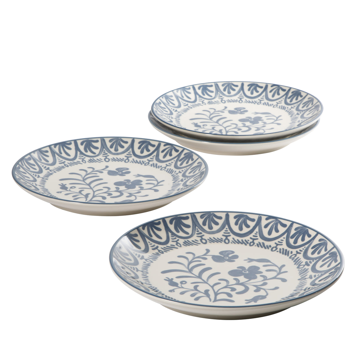 4-Piece 10.75 Inch Dinner Plate Set - Stoneware - Valencia Flor - Iris Blue