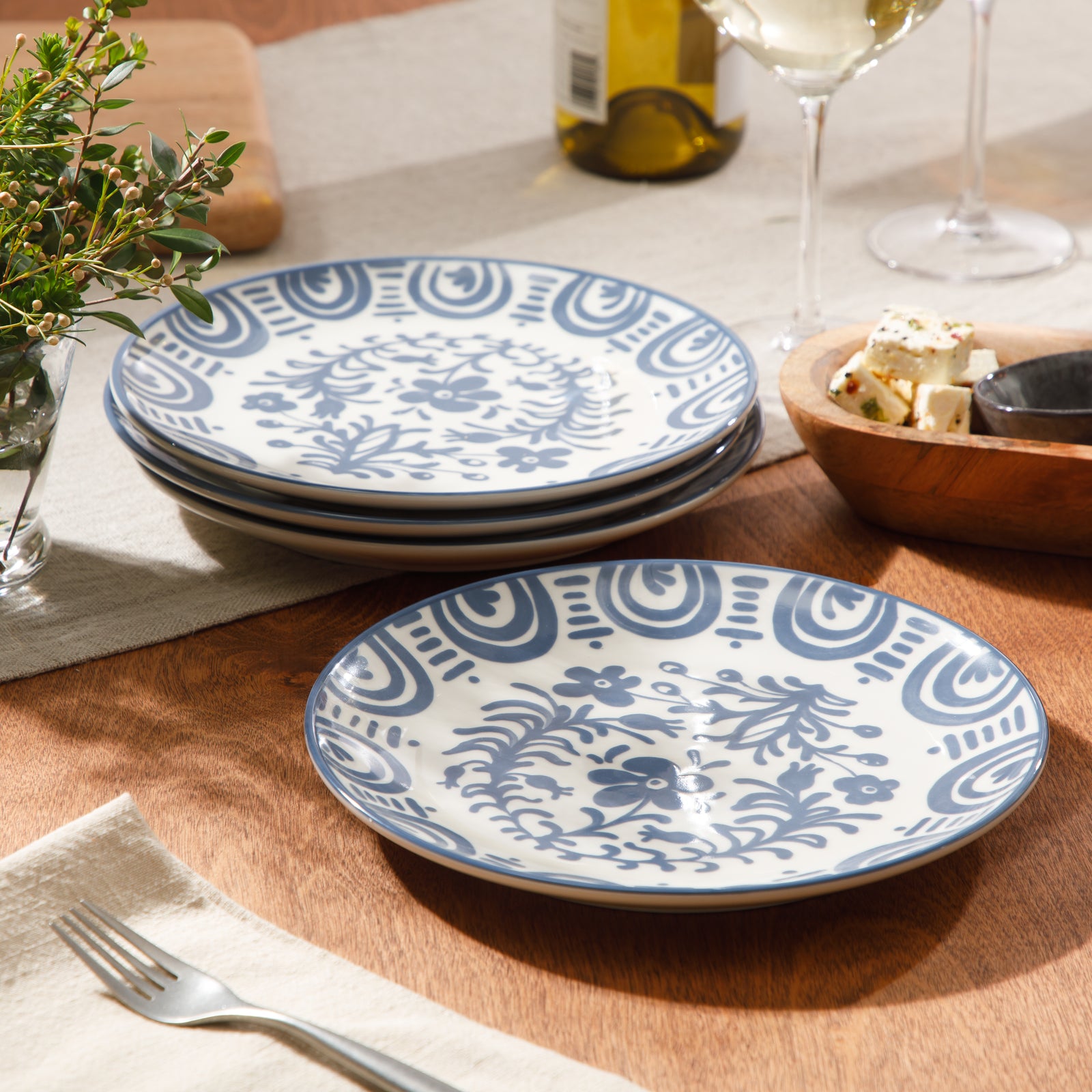 Bloomhouse - 2-Time Oprah’s Favorite Things - Valencia Flor 4 Piece Dessert & Salad Plate Set, 8.75” Stoneware Plates, Mediterranean Floral Decal Design, Microwave & Dishwasher Safe, Iris Blue
