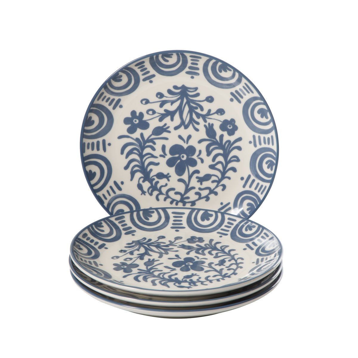 4-Piece 8.75 Inch Salad Plate Set - Stoneware - Valencia Flor - Iris Blue