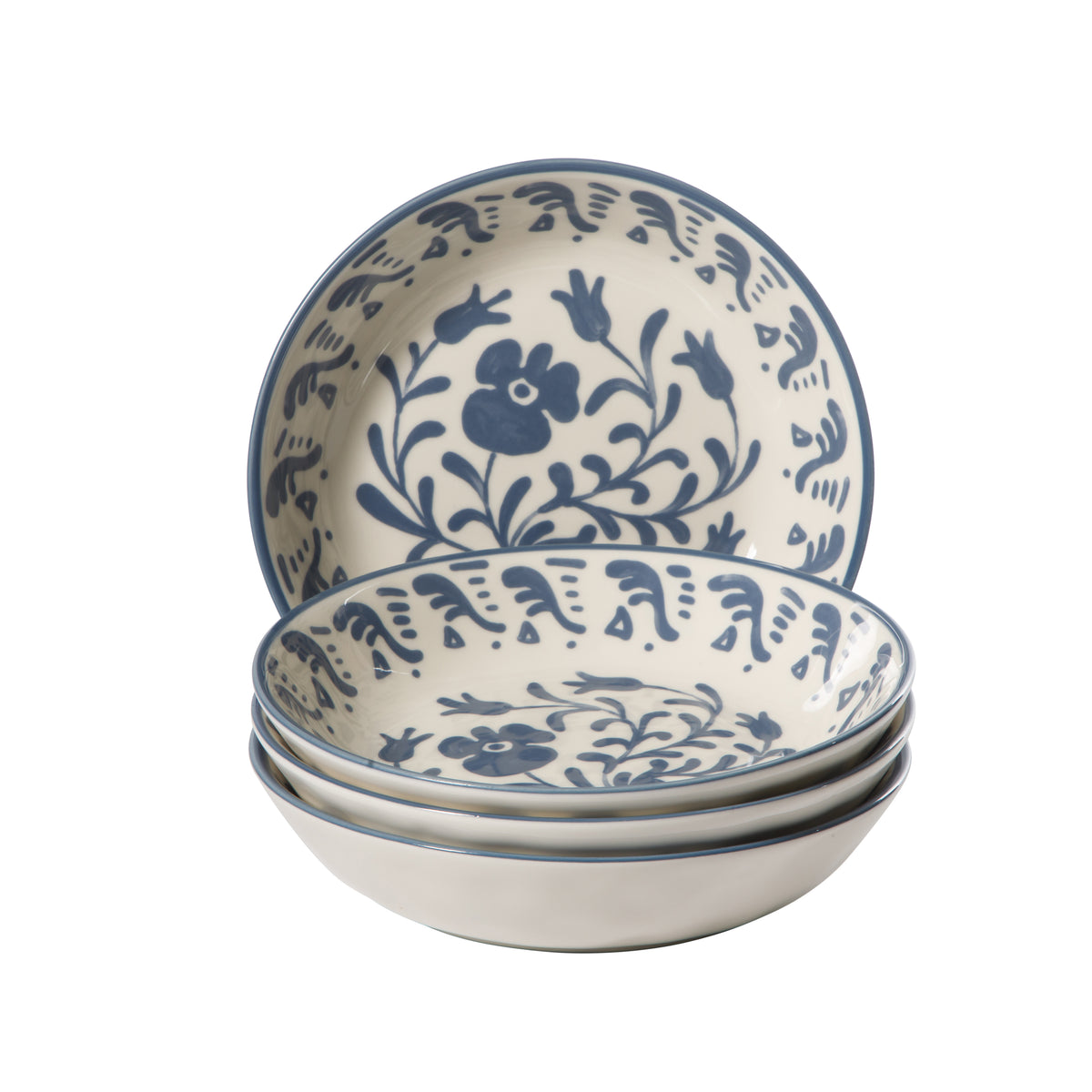 4-Piece 8 Inch Pasta Bowl Set - Stoneware - Valencia Flor - Iris Blue