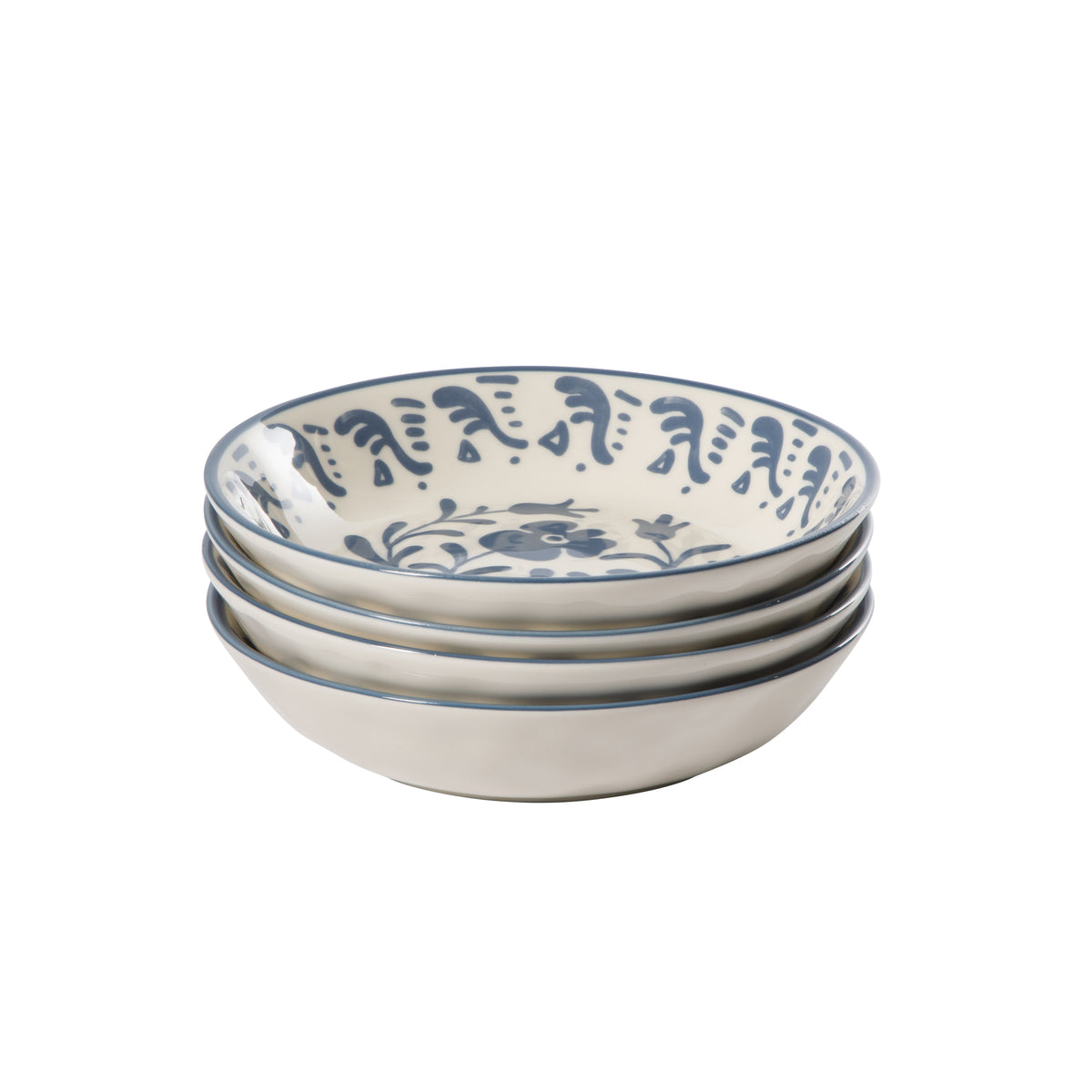 4-Piece 8 Inch Pasta Bowl Set - Stoneware - Valencia Flor - Iris Blue