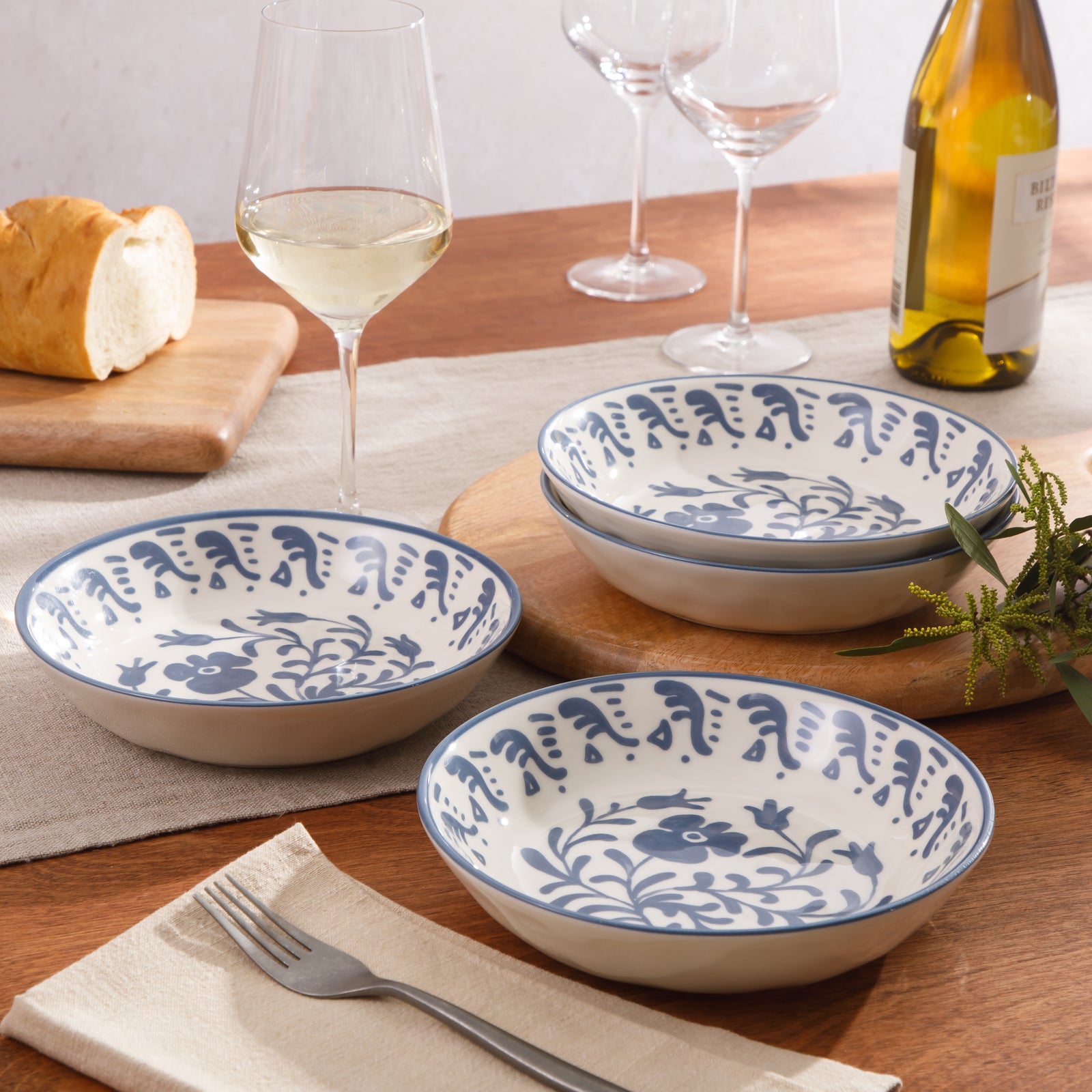 Bloomhouse - 2-Time Oprah’s Favorite Things - Valencia Flor 4 Piece Dinner Bowl Set, 8” Stoneware Pasta Bowls, Mediterranean Floral Decal Design, Microwave & Dishwasher Safe, Iris Blue