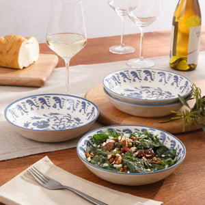 4-Piece 8 Inch Pasta Bowl Set - Stoneware - Valencia Flor - Iris Blue
