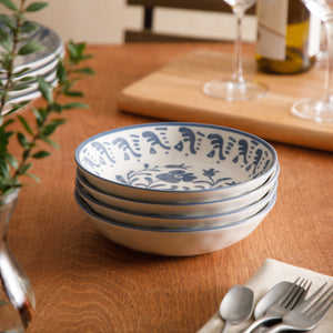 4-Piece 8 Inch Pasta Bowl Set - Stoneware - Valencia Flor - Iris Blue