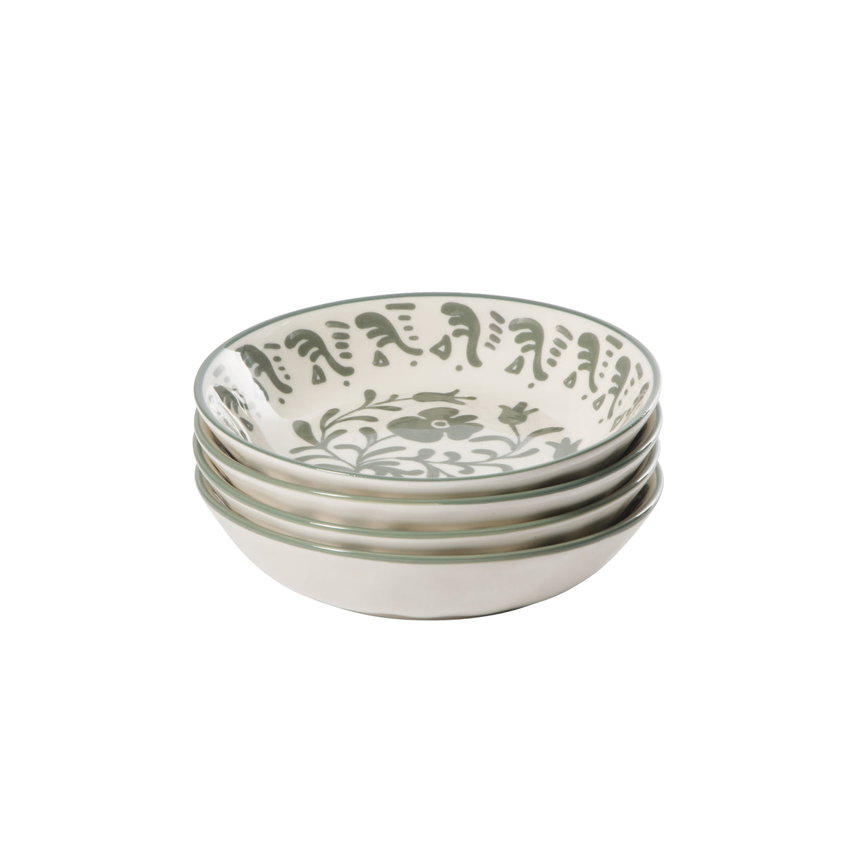 4-Piece 8 Inch Pasta Bowl Set - Stoneware - Valencia Flor - Fern Green