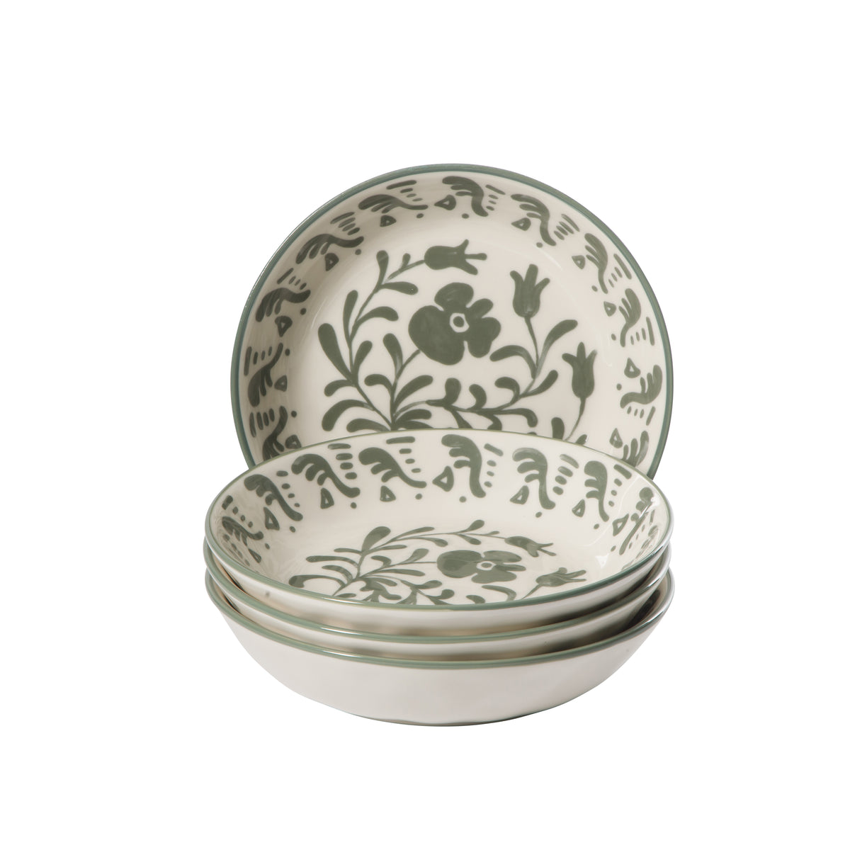 4-Piece 8 Inch Pasta Bowl Set - Stoneware - Valencia Flor - Fern Green