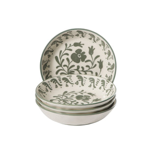 4-Piece 8 Inch Pasta Bowl Set - Stoneware - Valencia Flor - Fern Green
