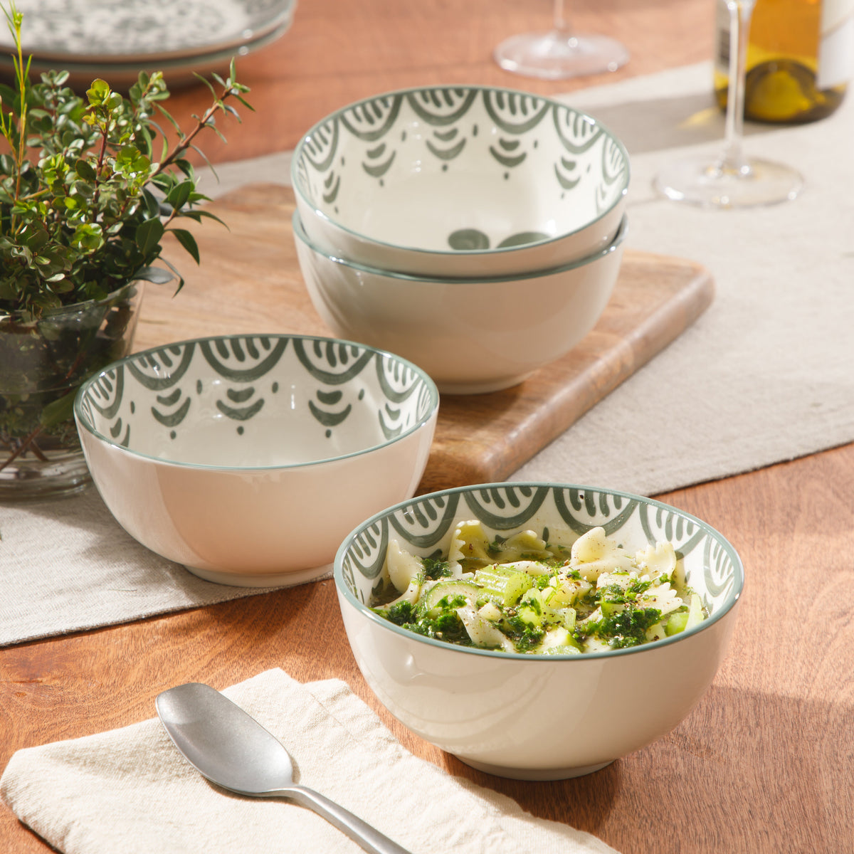 Valencia Flor - 4-Piece 6 Inch Cereal Bowl Set, Fern Green