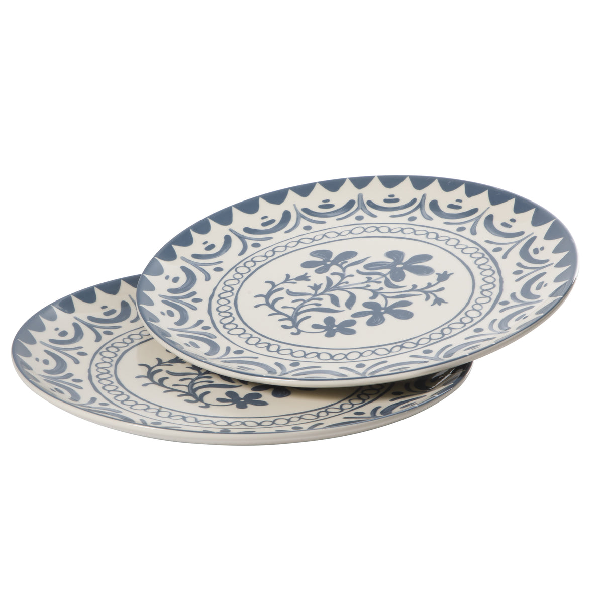 Bloomhouse - 2-Time Oprah’s Favorite Things - Valencia Flor 2 Piece 13” Serving Platter Set, Stoneware Platters, Mediterranean Floral Decal Design, Microwave & Dishwasher Safe, Iris Blue